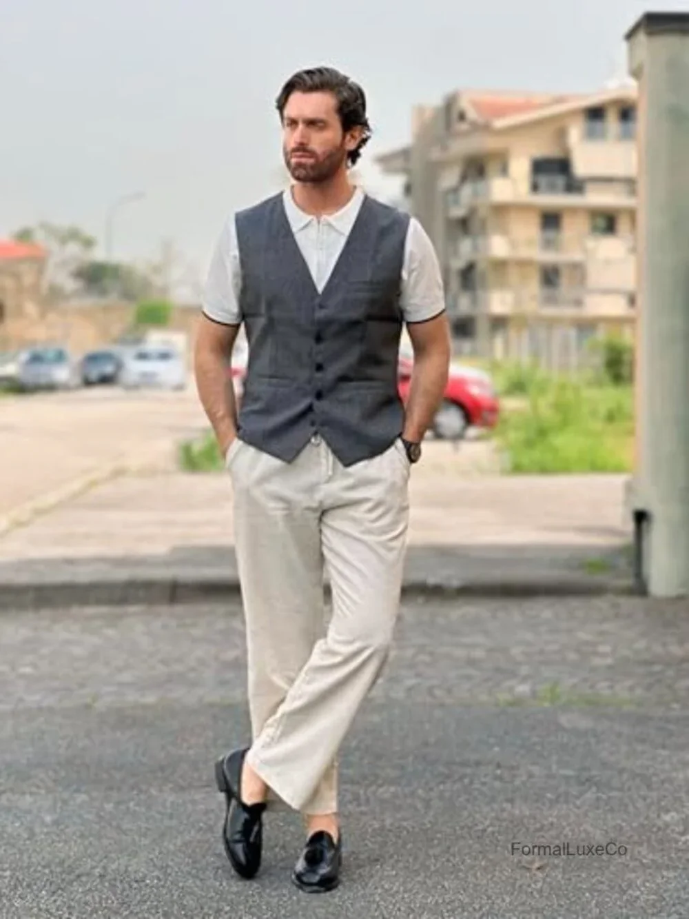 Slim Fit Suit Vest Formal Waistcoat for Men with 5 Buttons & Pockets